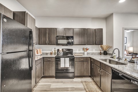 A modern kitchen with a black refrigerator and wooden cabinets.