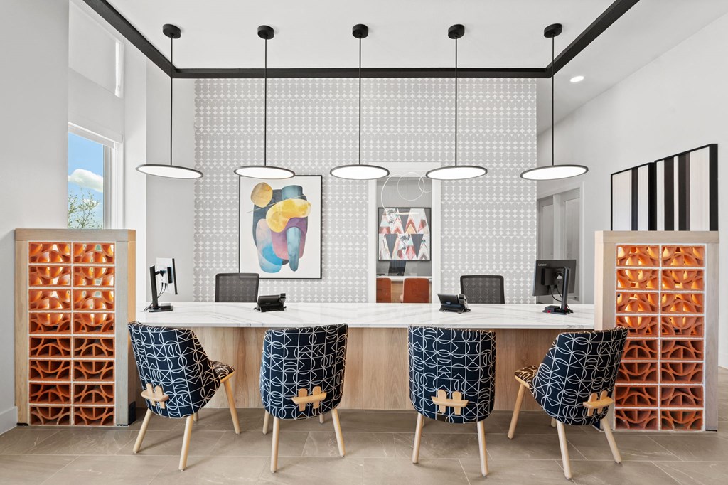 blue chairs and a counter top