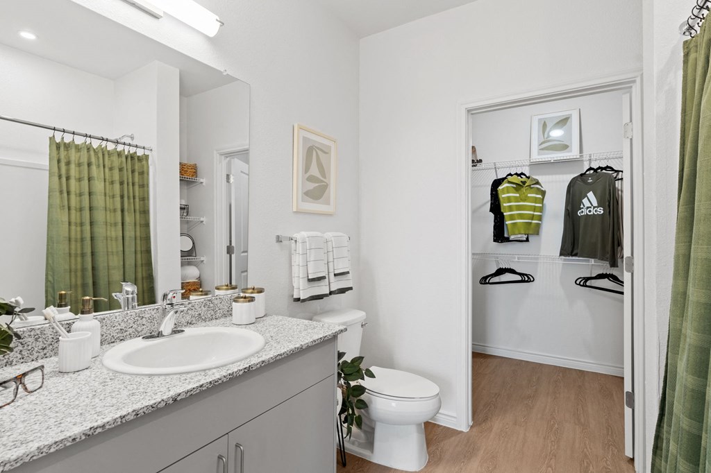 a bathroom with a shower toilet and sink and a mirror