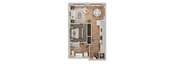 A top-down view of a modern apartment layout with a kitchen, living room, and bathroom.
