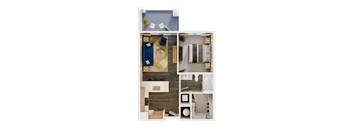 A top-down view of a small apartment layout with a kitchen, living room, and bedroom.