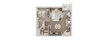 A detailed 3D floor plan of a modern apartment layout.