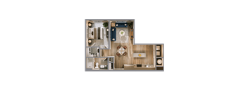 A top-down view of a house layout with a living room, kitchen, and bathroom.