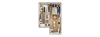 A top-down view of a room with a couch, chairs, a table, and a kitchen area.