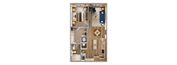 A top-down view of a small apartment with a kitchen, living room, and bathroom.