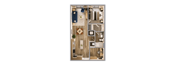A detailed 3D floor plan of a small apartment layout.