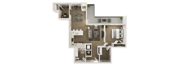 A 3D rendered image of a house layout.
