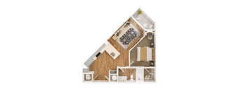 A top-down view of a house layout with a living room, kitchen, and bathroom.