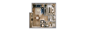 A top-down view of a modern, minimalist bedroom with a bed, nightstand, and a small kitchenette.