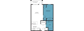 A floor plan of a small apartment with a living room, kitchen, bathroom, bedroom and laundry room.