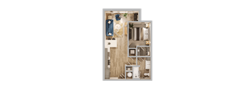 A top-down view of a small apartment with a bedroom, living room, and kitchen.