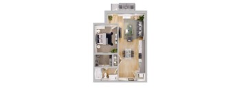 a stylized floor plan of a studio apartment