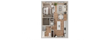 A top-down view of a small apartment with a kitchen, living room, and bathroom.