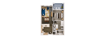 A detailed 3D floor plan of a small apartment.