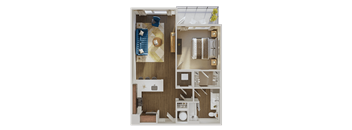 A detailed 3D floor plan of a small apartment.
