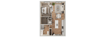 A top-down view of a small apartment layout with a kitchen, living room, and bathroom.