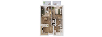 A top-down view of a well-organized apartment with a kitchen, living room, and bedroom.