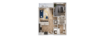 A top-down view of a small apartment with a bedroom, living room, kitchen, and bathroom.