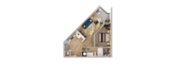 A top-down view of a house layout with a living room, kitchen, and bedrooms.