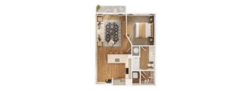 A floor plan of a house with a living room, kitchen, and bathroom.