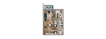 A top-down view of a small apartment with a kitchen, living room, and bathroom.