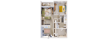 A floor plan of a small apartment with a kitchen, living room, and bathroom.