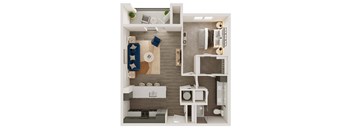 a stylized floor plan with a bedroom and a living room