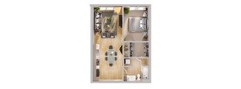 a bedroom floor plan of a small apartment with a living room and a dining room