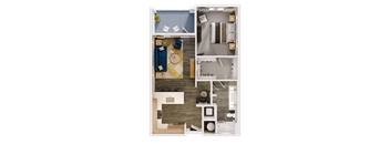 A top-down view of a small apartment layout with a kitchen, living room, and bedroom.