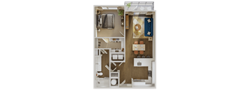 A detailed 3D floor plan of a small apartment layout.