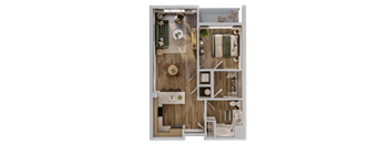 A top-down view of a small apartment with a kitchen, living room, and bathroom.