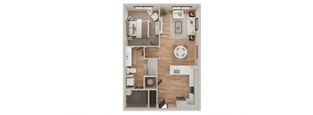 A floor plan of a small apartment with a kitchen, living room, and bathroom.