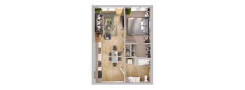 a bedroom floor plan of a house with a living room and a kitchen