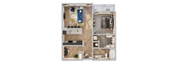 A top-down view of a modern apartment layout with a living room, kitchen, and bedrooms.
