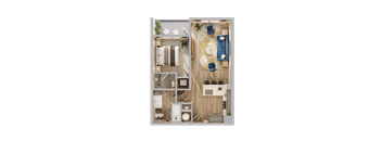 A detailed floor plan of a small apartment with a kitchen, living room, and bedrooms.