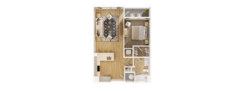 A top-down view of a room with a rug, a bed, a desk, and a chair.