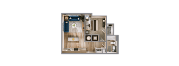 A 3D rendered image of a modern, minimalist apartment layout.