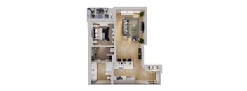 a stylized floor plan of a 1 bedroom apartment