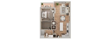 A top-down view of a small apartment with a kitchen, living room, and bathroom.
