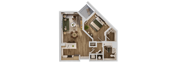 A top-down view of a house layout with a living room, kitchen, and bathroom.
