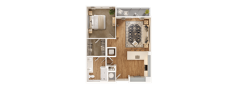 A top-down view of a small apartment with a living area, kitchen, and bathroom.