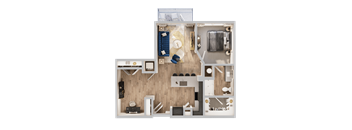 A 3D floor plan of a house with a living room, kitchen, and bathroom.