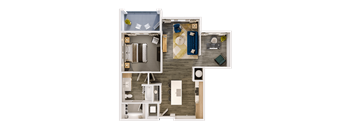 A top-down view of a small apartment layout with a kitchen, living room, and bedroom.