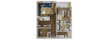 A detailed 3D floor plan of a small apartment with a living room, kitchen, and bathroom.