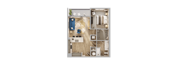 A detailed floor plan of a modern apartment with a living area, kitchen, and bathroom.