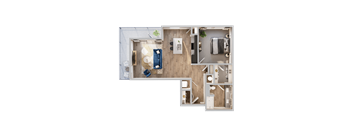 A top-down view of a room with a bed, a couch, a chair, a table, and a potted plant.