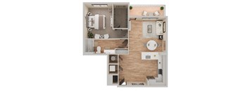 A floor plan of a small apartment with a kitchen, living room, and bathroom.