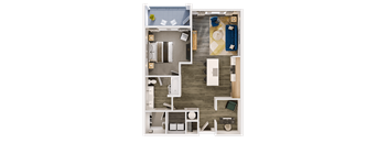 A top-down view of a small apartment with a kitchen, living room, and bedroom.
