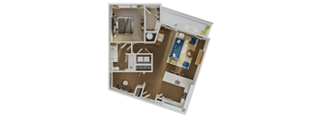 A detailed 3D floor plan of a small apartment with a kitchen, living room, and bathroom.