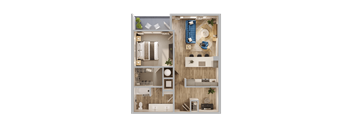 A detailed 3D floor plan of a small apartment with a living area, kitchen, and bathroom.